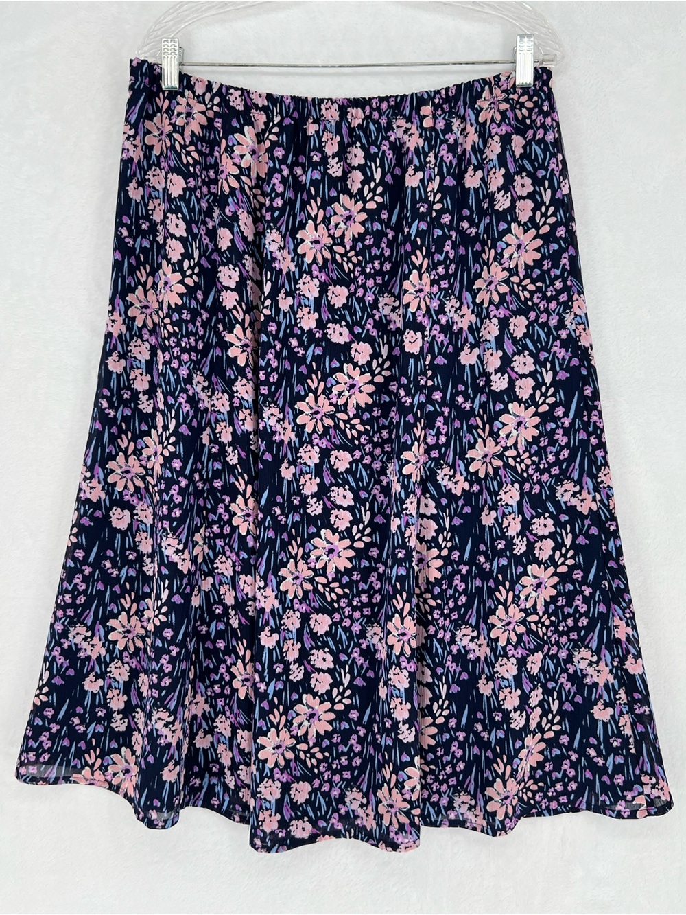 Appleseeds Navy Ditzy Floral Midi Skirt Pull On Elastic Waist Lined A-Line Sz 16